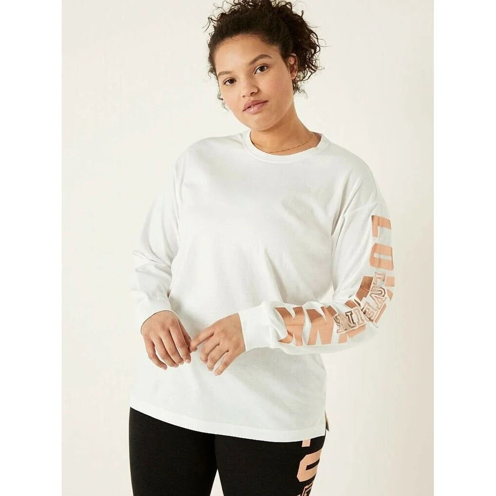 VS VICTORIAS SECRET PINK SHINE CAMPUS LONG SLEEVE TEE TOP ROSE GOLD SHINE XXL - Picture 2 of 7